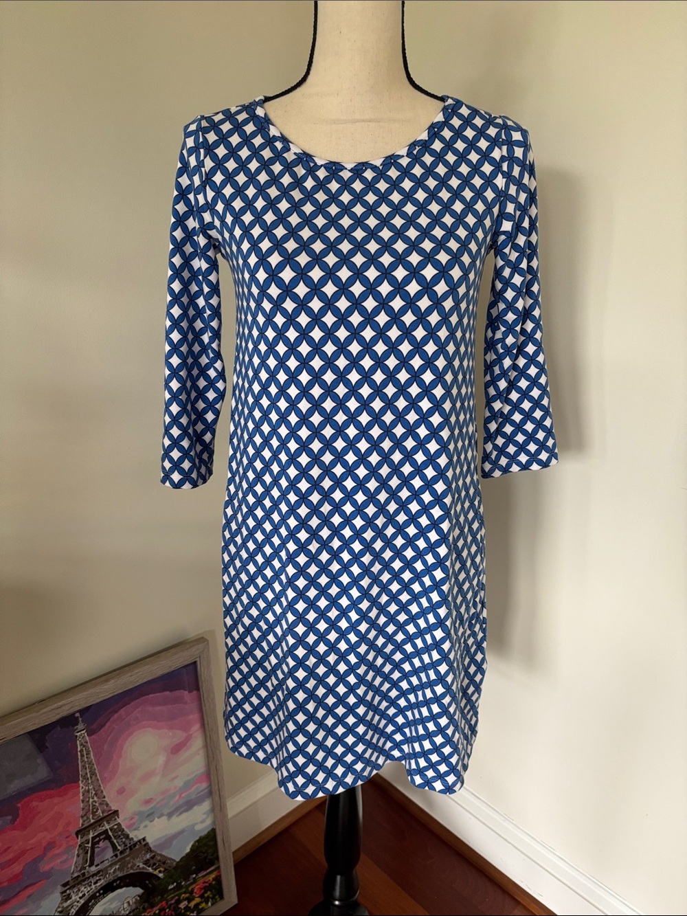 Tori Richard Blue and White Geometric Shift Dress - Women